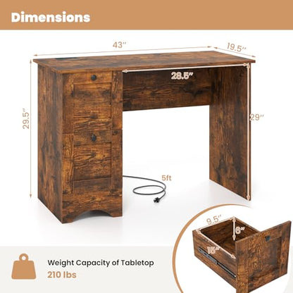 Giantex Computer Desk with 2 Drawers, 43” Wooden Home Office Desk with Charging Station, Compact Study Writing Desk, Modern Laptop PC Desk Workstation for Bedroom, Living Room (Rustic Brown) - color: Rustic Brown