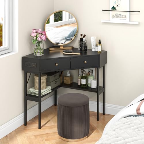 Tangkula Corner Desk with 2 Drawers & Built-in Charging Station, 90 Degrees Triangle Computer Desk for Small Space, Bedroom Makeup Vanity Desk with Storage Shelves, Corner Writing Desk