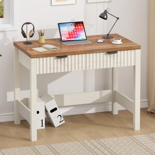32 Inch Small Fluted Computer Desk with 2 Drawers for Bedroom, Home Office - color: Antique White, size: 32 Inch Desk