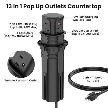 VILONG Pop Up Countertop Outlet with 15W Wireless Charger,4 USB/8 AC - color: Black, size: 20W