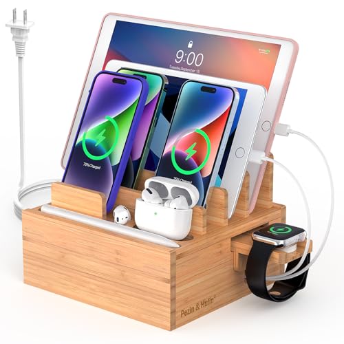Pezin & Hulin Bamboo Charging Station for Multiple Devices with 5-Port HUB | Desktop Organizer, Wooden Docking Stations, All-in-1 Bamboo Dock Rack for Phones, Tablets, Watch–with 5 Cables - color: Style 1