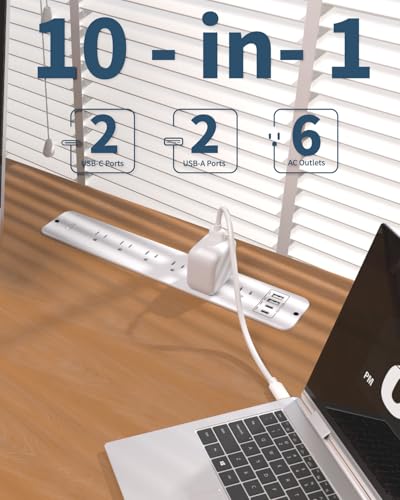 Recessed Power Strip Extension - 10 Outlet Surge Protector with 6 AC - 2 USB-A（18W） and 2 USB-C（PD20W） Ports - Flush Mount Desk Outlet with 6 Feet Cord - for Conference Table (White) - size: 6 Outlets, style: Desk Socket- White