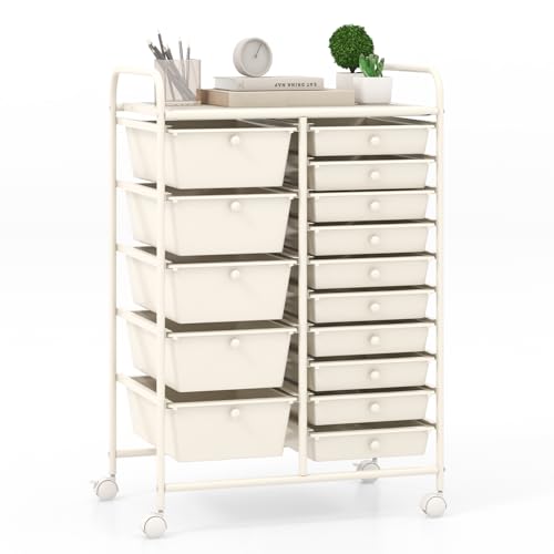 Giantex 15 Drawers Rolling Cart, Classroom Organizers, Storage Cart with Wheels, for Teacher Office Home School Supplies Tool Craft Art Paper - color: Ivory, size: 15 Drawers (5 Big +10 Small)