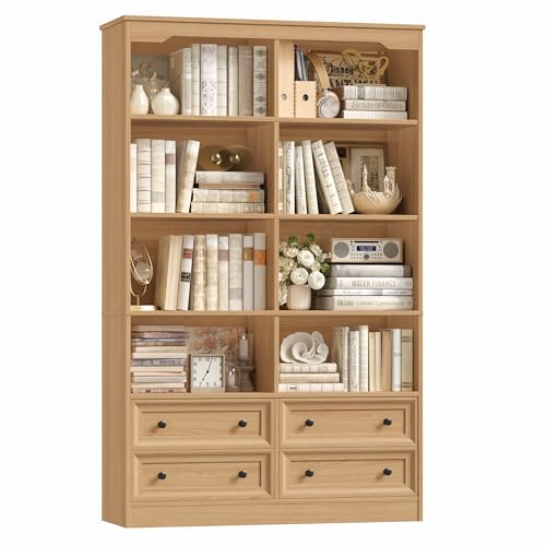 71" Tall Bookshelf with 4 Drawers Large Bookshelf Office Bookcase | 6-Tier Double Wide Bookshelves and Bookcases with Storage, Tall Bookshelf Standing Book Cabinet for Home Office, Natural - color: Natural