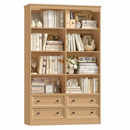 71" Tall Bookshelf with 4 Drawers Large Bookshelf Office Bookcase | 6-Tier Double Wide Bookshelves and Bookcases with Storage, Tall Bookshelf Standing Book Cabinet for Home Office, Natural - color: Natural