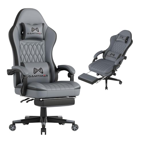 Gamtimer Gaming Chair with Footrest, Ergonomic Computer Chair, PU Breathable Material with Headrest and Lumbar Support, Suitable for Silla Gamer and Adults（Grey） - color: Grey