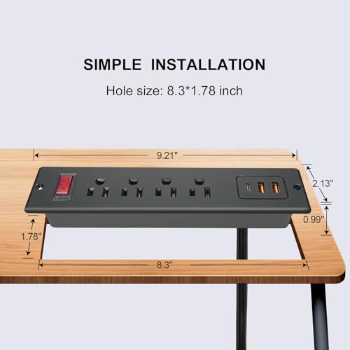 4 Outlets Recessed Power Strip with USB C 20W, Fast Charge Desktop Power Outlet Flush Mount Desk Extender 6.56 ft Extension Cord Plug in Furniture Conference Hotel - color: Black