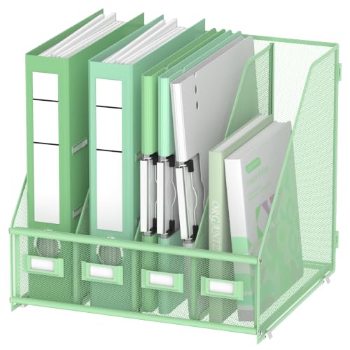 DALTACK 4-Slot Magazine File Holder, Metal Binder Holder, Mint Green | Iron Mesh Construction, Labeled Sections for Easy Sorting, Anti-Slip Feet, Binder and Folder Storage for Office, Classroom - color: Mint Green, size: 4Rack