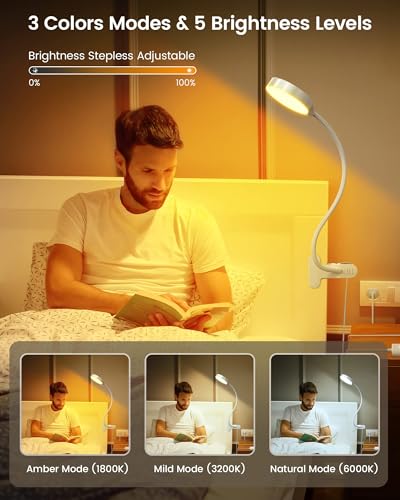 Glocusent 5W Desk Lamp with Remote, 3 Colors & 5 Brightness Reading Lights | Flexible Gooseneck Clip on Lamp, 30-Min Timer Reading Lamp, Perfect Clip on Light for Bunk,Bed,Headboard,Table,Work,Craft - color: White with Remote