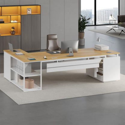 78" Executive Desk with Lockable File Cabinet, L Shaped Office Desk with Power Outlets, Large Executive Desk with Drawers and Storage Shelves , Reversible Computer Desk with Privacy Screen (White) - color: White
