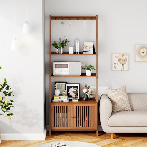 Bookcase with Drawers, Ladder Shelf 4-Tier Bamboo Bookshelf with 6 Hooks - color: 4-tier Walnut