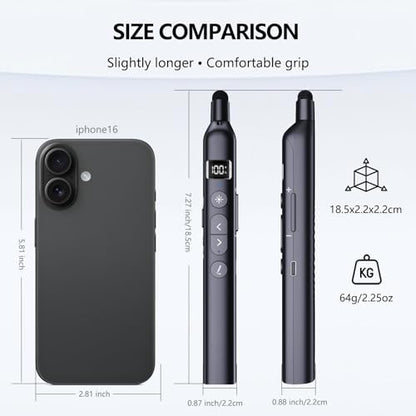 N21 Bluetooth Presentation Clicker for PowerPoint with Retractable Pointer | ①Laser Pointer②Telescopic touch pen③Countdown timer, vibration alert ④Customizable Button ⑤Rechargeable;battery level display - color: Black - Green Pointer