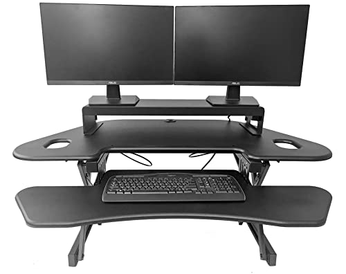 Rocelco 46" Height Adjustable Corner Standing Desk Converter with Dual Monitor Stand Bundle - Quick Sit Stand Up Computer Workstation Riser - Extra Large Keyboard Tray - Black (R CADRB-46-DMS) - color: Black, style: Riser + Monitor Stand
