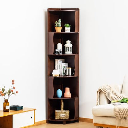 5-Tier Bamboo Corner Shelf Freestanding Fan-Shaped Storage Rack, Space-Saving Corner Cabinet for Living Room or Bedroom, Easy to Assemble, Dark Walnut