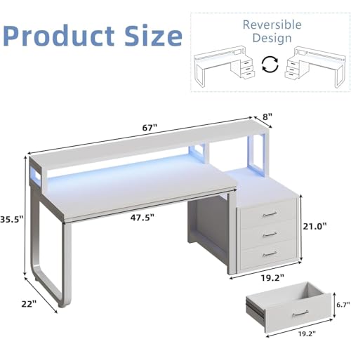 MaverickFurni 67" White Office Desk with 3 Drawers and LED Lights - color: White
