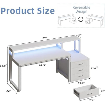 MaverickFurni 67" White Office Desk with 3 Drawers and LED Lights - color: White