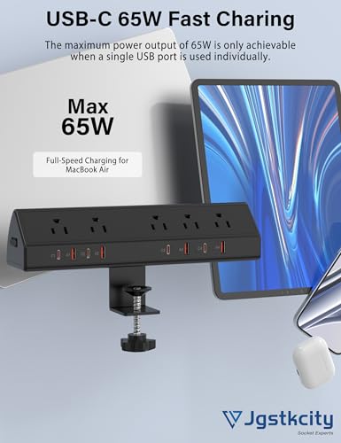 Jgstkcity Desk Clamp Power Strip,Edge Mount,4 USB C,65W,1200J,Black - color: Black, size: 6 FT