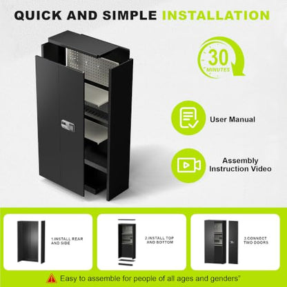 70.08’’ Dual Smart Lock Garage Storage Cabinet with Digital Keypad, Tall Metal Storage Cabinet with Hooks and Adjustable Shelves, Locking File Cabinet, Locking Cabinet for Garage Office Pantry
