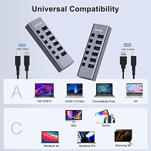 Powered USB Hub with TF/SD Card Reader, 8-Port USB 3.0 Hub with 6 USB 3.0 Data Ports, USB Spilter with Individual On/Off Switches，Aluminum USB Hub with AC Adapter for PC, Desktop, MacBook
