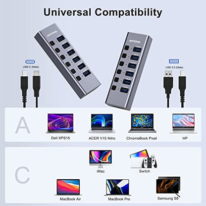 Powered USB Hub with TF/SD Card Reader, 8-Port USB 3.0 Hub with 6 USB 3.0 Data Ports, USB Spilter with Individual On/Off Switches，Aluminum USB Hub with AC Adapter for PC, Desktop, MacBook
