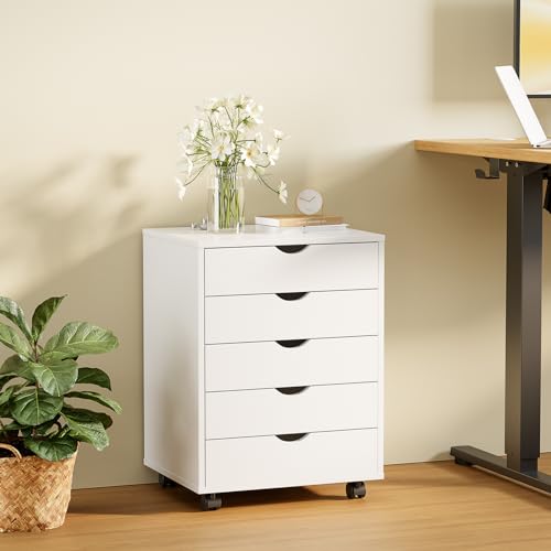 Sweetcrispy 5 Drawers Rolling Storage Cabinet, Mobile Wood Under Desk Drawer Organizer Chest with Wheels, Vertical Storage Unit for Home Office, Craft Room & Kitchen, White