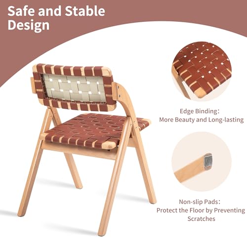 Folding Dining Chairs Set of 2 | Wooden Foldable Chair with Leather-Woven Backrest and Widened Seat Extra for Guests Kitchen Office Wedding Picnic Brown - color: Brown With Leather Strap, size: 2PCS