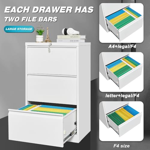 Garvee 3 Drawer Lateral File Cabinet, Heavy Duty Metal Filing Cabinet | White File Cabinet with Lock for Home Office, for Legal/Letter/f4/a4 Hanging Files with Business Card Holder