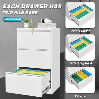 Garvee 3 Drawer Lateral File Cabinet, Heavy Duty Metal Filing Cabinet | White File Cabinet with Lock for Home Office, for Legal/Letter/f4/a4 Hanging Files with Business Card Holder