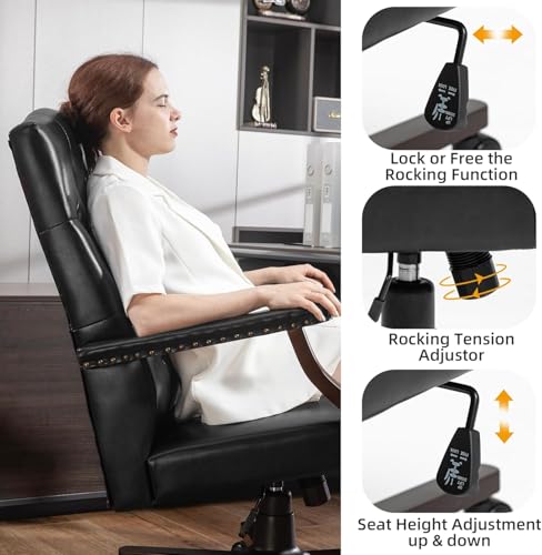 Tufted Office Chair, Faux Leather Executive Desk Chair w/High Back & Nail Head Trim,Ergonomic Wingback PC Chair for Home Living Room (Black) - color: Black