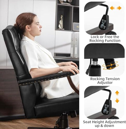 Tufted Office Chair, Faux Leather Executive Desk Chair w/High Back & Nail Head Trim,Ergonomic Wingback PC Chair for Home Living Room (Black) - color: Black