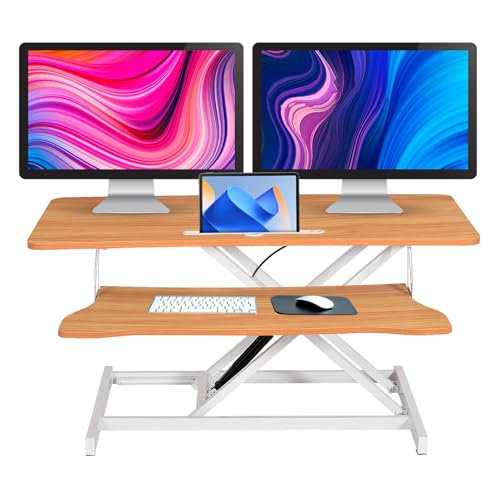 Standing Desk Converter 37 Inch – Height Adjustable Desk Riser with GasSpring Lift, Duals Screen Converter and Laptop Workstation, Sit Stand Ergonomic Riser with Wide Keyboard Tray for Offices (Wood) - color: Natural Wood