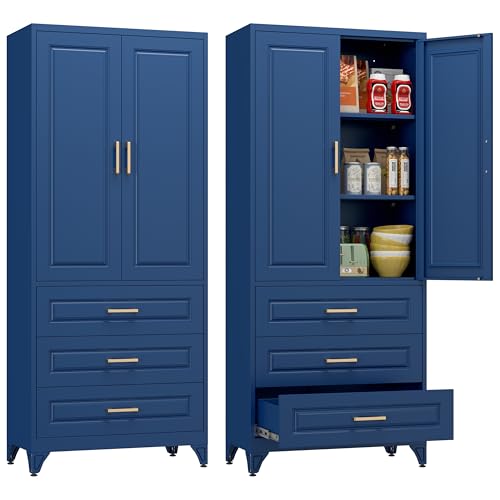 Polup 75" Metal Storage Cabinet, Kitchen Pantry Cabinet with 3 Drawers | Heavy-Duty Blue Tall Cabint with 2 Doors and 3 Adjustable Shelves, Magnetic Latch, Gold Handles, for Dining Living Room - color: Blue, size: 75"H - 3 Drawers