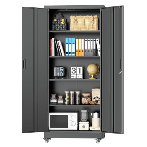 INTERGREAT73 Garage Storage Cabinet with Wheels, Rolling Metal Storage Cabinet with Locking Doors and 4 Adjustable Shelves,- 73" Steel Tool Cabinet for Home Office,Garage,Warehouse，Black - color: Black, size: 73" High