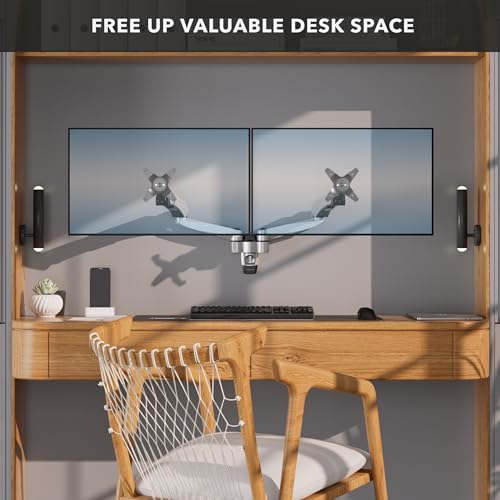 Mount-It! CLiX Dual Monitor Wall Mount, Gas Spring, Silver | TAA-compliant arms for 2 monitors 13-32" up to 19.8 lbs each, VESA 75/100, effortless height adjustable aluminum.