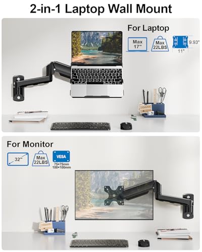 Laptop Wall Mount, 2-in-1 Monitor with Vented Tray | Fits Max 17" Notebook or 13- 32" Computer Screen, Adjustable Laptop Arm Holds 4.4-22lbs, Gas Spring Laptop Holder Stand - style: Laptop Wall Mount