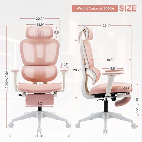 Ergonomic Office Chair with Retractable Footrest, Pink | High Back Design, Dynamic Lumbar Support, 2D Headrest & 2D Armrests, Breathable Mesh Back for Home Office - color: Pink