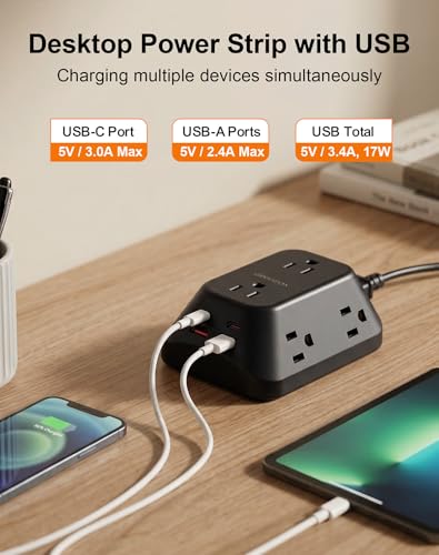 Desk Clamp Power Strip, 6 AC, 2 USB-C & 2 USB-A, 1440J, 10FT Cord - size: 10FT-Black