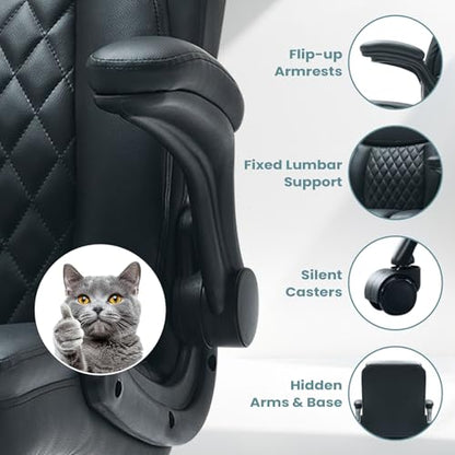 MAHOMICO Drafting Chair for Standing Desk – Tall Office Chair with Adjustable Height & Foot Ring, Flip-Up Arms, Lumbar Support – Comfortable Leather Seat, Ideal Home Desk Chair - color: Leatherblack