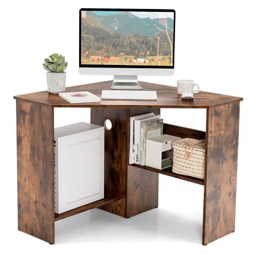Small Corner Desk, Space-Saving Corner Workstation with Storage Shelves & CPU Stand, 90 Degree Triangle Makeup Vanity Desk, Wood Corner Computer Desk for Small Space (Rustic Brown) - color: Rustic Brown