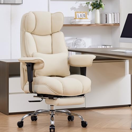 Efomao Executive Office Chair, Beige Fabric Big and Tall Desk Chair | Breathable fabric, pocket spring & foam seat, retractable footrest, 135° recline for computer gaming setup - color: 3084mus-beige