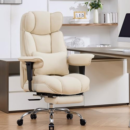 Efomao Executive Office Chair, Beige Fabric Big and Tall Desk Chair | Breathable fabric, pocket spring & foam seat, retractable footrest, 135° recline for computer gaming setup - color: 3084mus-beige