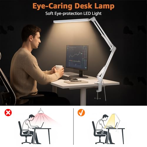 Upgrade Swing Arm LED Desk Lamp with Clamp, 80 LED Beads, 5 Color Modes & 11 Brightness Levels, 360° Adjustable Arm, Eye-Caring Light CRI95, Timer & Memory Function, for Office, Study, Crafting - color: Clip-White