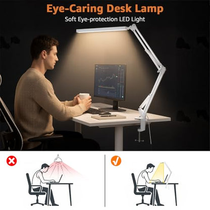 Upgrade Swing Arm LED Desk Lamp with Clamp, 80 LED Beads, 5 Color Modes & 11 Brightness Levels, 360° Adjustable Arm, Eye-Caring Light CRI95, Timer & Memory Function, for Office, Study, Crafting - color: Clip-White