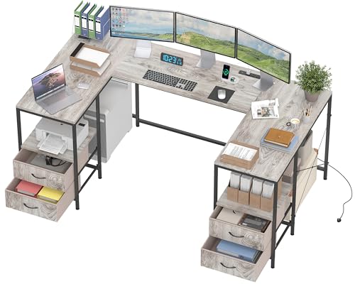 67" U Shaped Computer Desk, Reversible L Shaped Gaming Desk | Corner Desk with Power Outlets, 4 Drawers, 2 Storage Shelf, Computer Table with 4 Installation Methods, Grey - color: Grey, size: 35.4"D x 66.9"W x 30.3"H