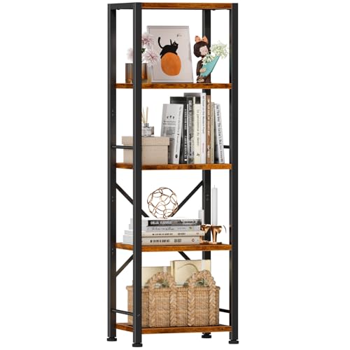 Furologee 5 Tier Tall Bookshelf, Rustic Narrow Bookcase, Display Standing Shelf Units, Metal and Wood Storage Shelves Organizer for Bedroom, Living Room, Home Office, Entryway, Kitchen, Rustic Brown | 48'' Tall Industrial Display Shelves with X Crossbar,