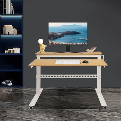 2-Tier Standing Desk Adjustable Crank Height Computer Desk with Wheels | Adjustable Crank Height, 2-Tier Spacious Desktop, Cable Management Holes, Sturdy Steel Frame, Mobile Wheels for Home Office U