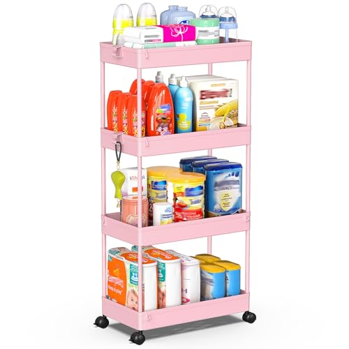 SPACEKEEPER 4 Tier Rolling Cart, Bathroom Cart Organizer with Wheels, Pink - color: Pink, size: 4 Tier