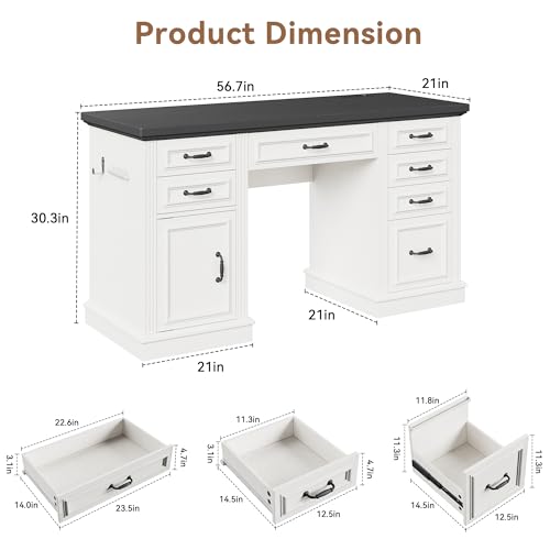 Jocoevol Farmhouse 57" Executive Desk with 7 Drawers, Home Office Desk with File Cabinet Storage, Computer Desk with Charging Station and Headphone Hook for Work, Study, Writing, White
