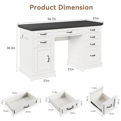 Jocoevol Farmhouse 57" Executive Desk with 7 Drawers, Home Office Desk with File Cabinet Storage, Computer Desk with Charging Station and Headphone Hook for Work, Study, Writing, White