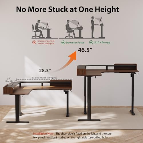 Agilestic L Shaped Standing Desk with Monitor Shelf, 63 Inch, Dark Walnut - color: Dark Walnut, size: 63 x 55 Inch with shelf